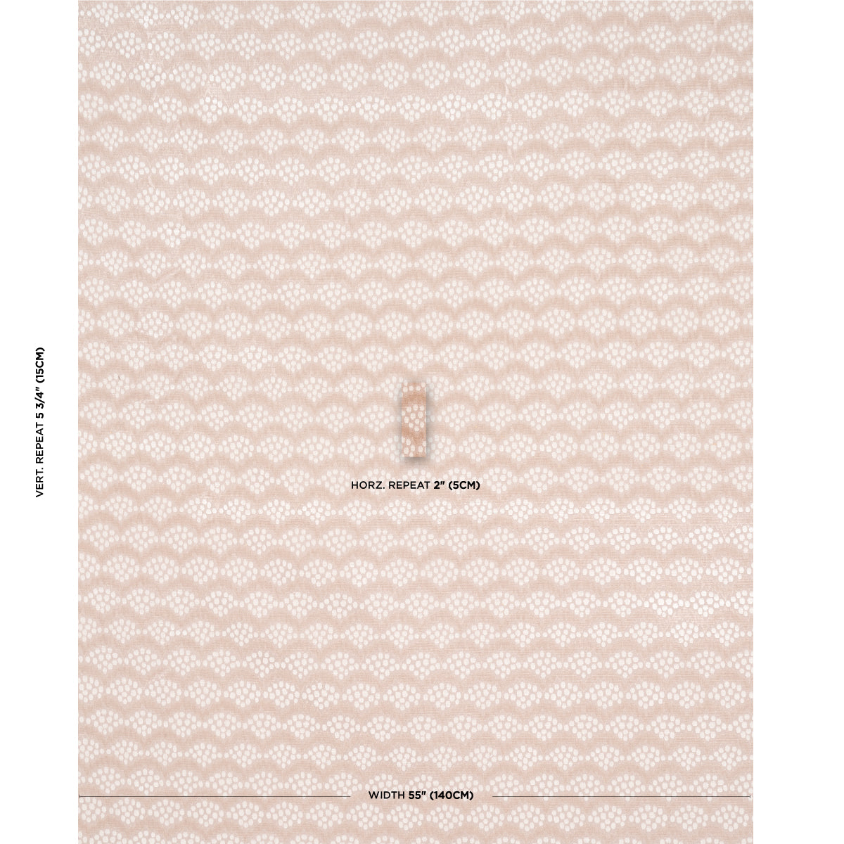 Peach and white scalloped repeating pattern fabric swatch; soft damask-inspired textile for upholstery or wallpaper.
