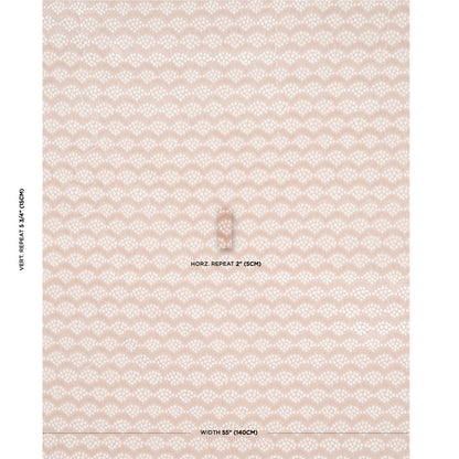Peach and white scalloped repeating pattern fabric swatch; soft damask-inspired textile for upholstery or wallpaper.