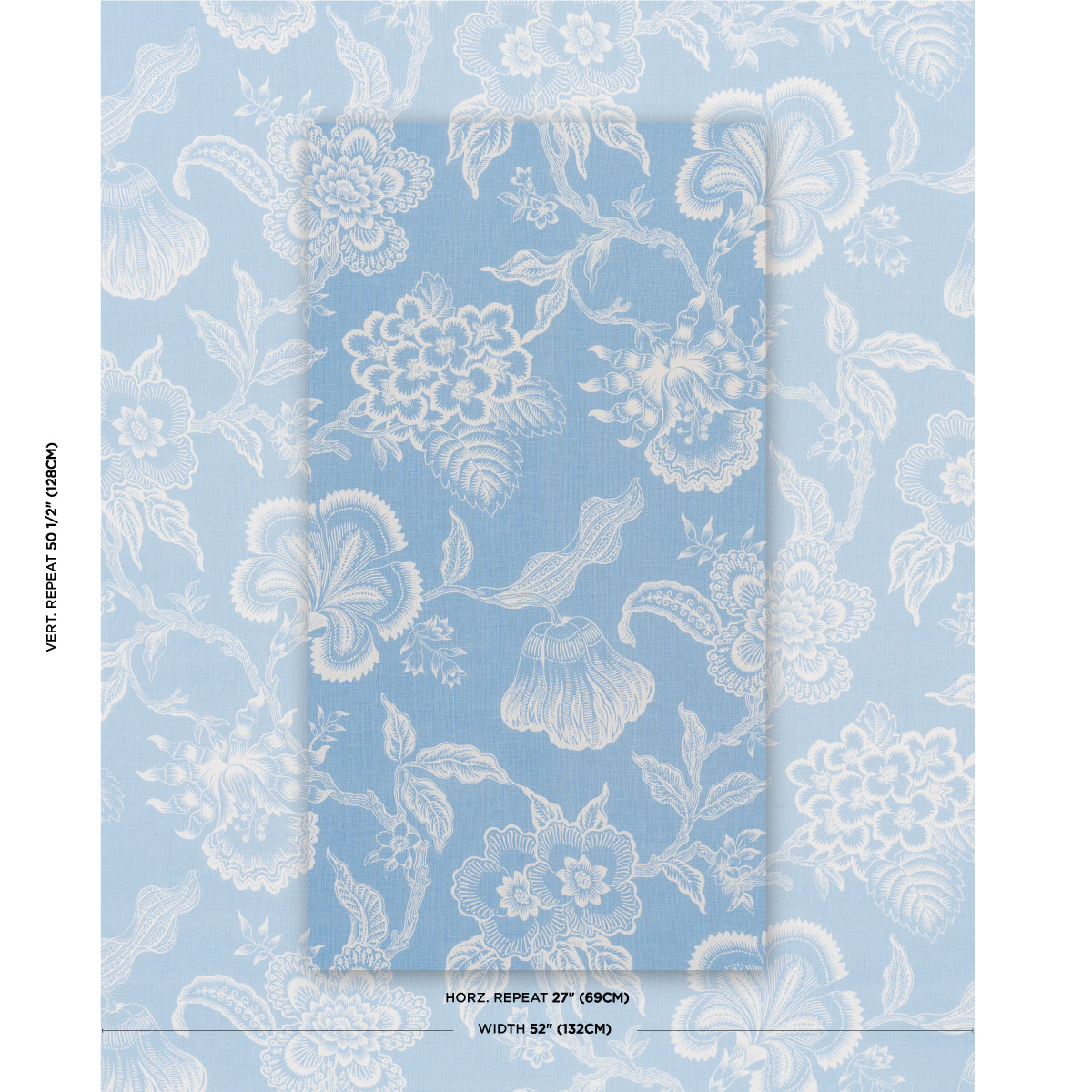 Light blue fabric with white damask floral pattern; folded, upholstery & curtain textile, 27" horizontal repeat, 52" width.