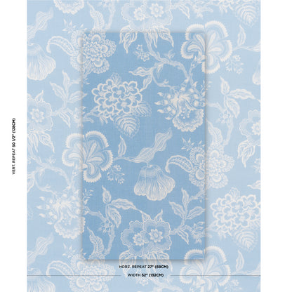 Light blue fabric with white damask floral pattern; folded, upholstery & curtain textile, 27" horizontal repeat, 52" width.