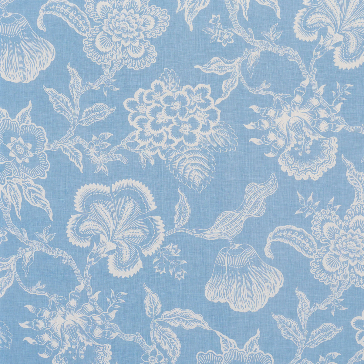 Blue background with white ornate damask floral pattern and leafy vines.
