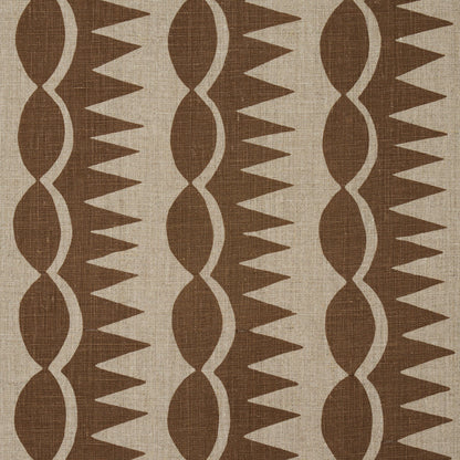 Brown and beige woven fabric with vertical columns of oval shapes and triangular teeth in a retro geometric pattern.