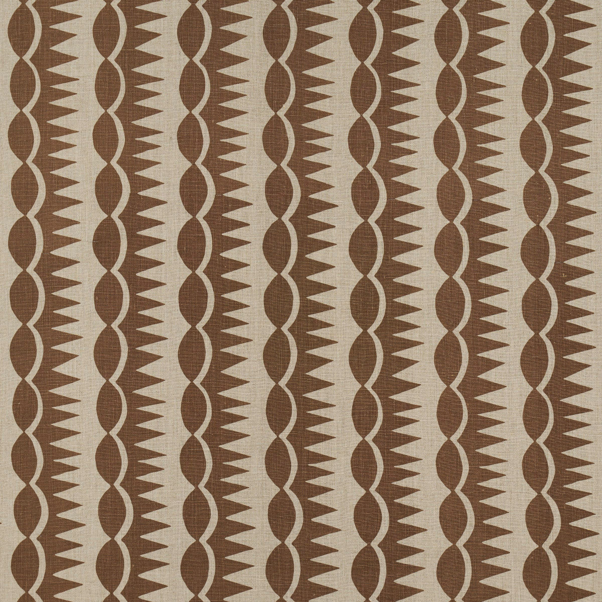 Brown dagger stripe pattern on natural fabric; retro geometric textile for upholstery or curtains.