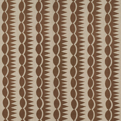 Brown dagger stripe pattern on natural fabric; retro geometric textile for upholstery or curtains.
