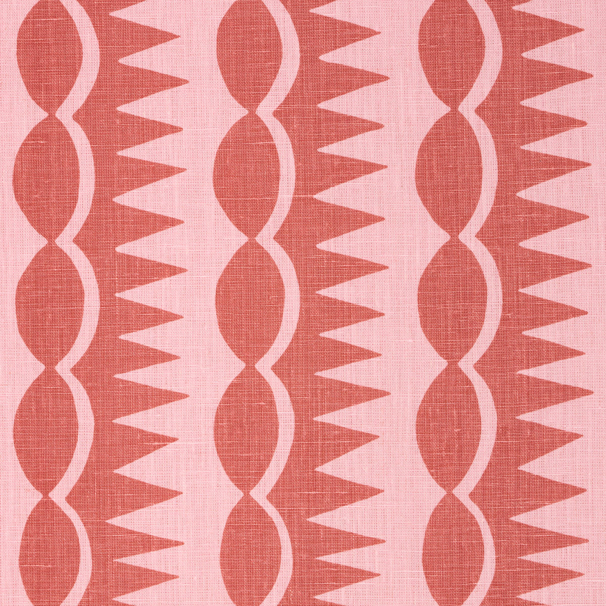 Pink fabric with a red dagger-stripe print; textile with a woven texture.