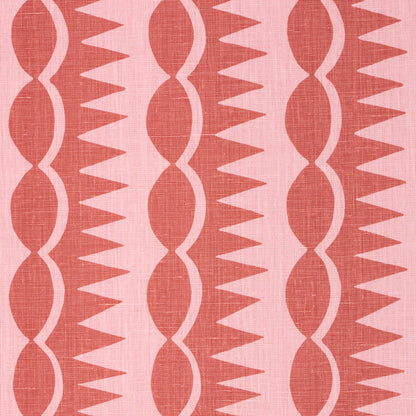 Pink fabric with a red dagger-stripe print; textile with a woven texture.