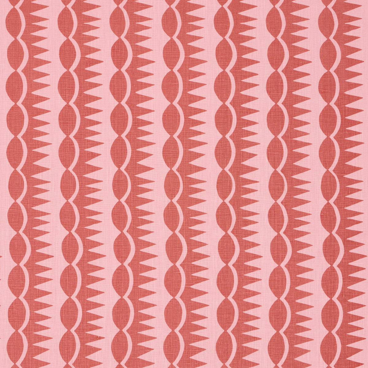 Coral red linked-oval chain with triangular spikes on pink background; retro vertical geometric textile pattern.