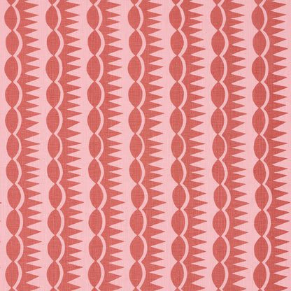 Coral red linked-oval chain with triangular spikes on pink background; retro vertical geometric textile pattern.