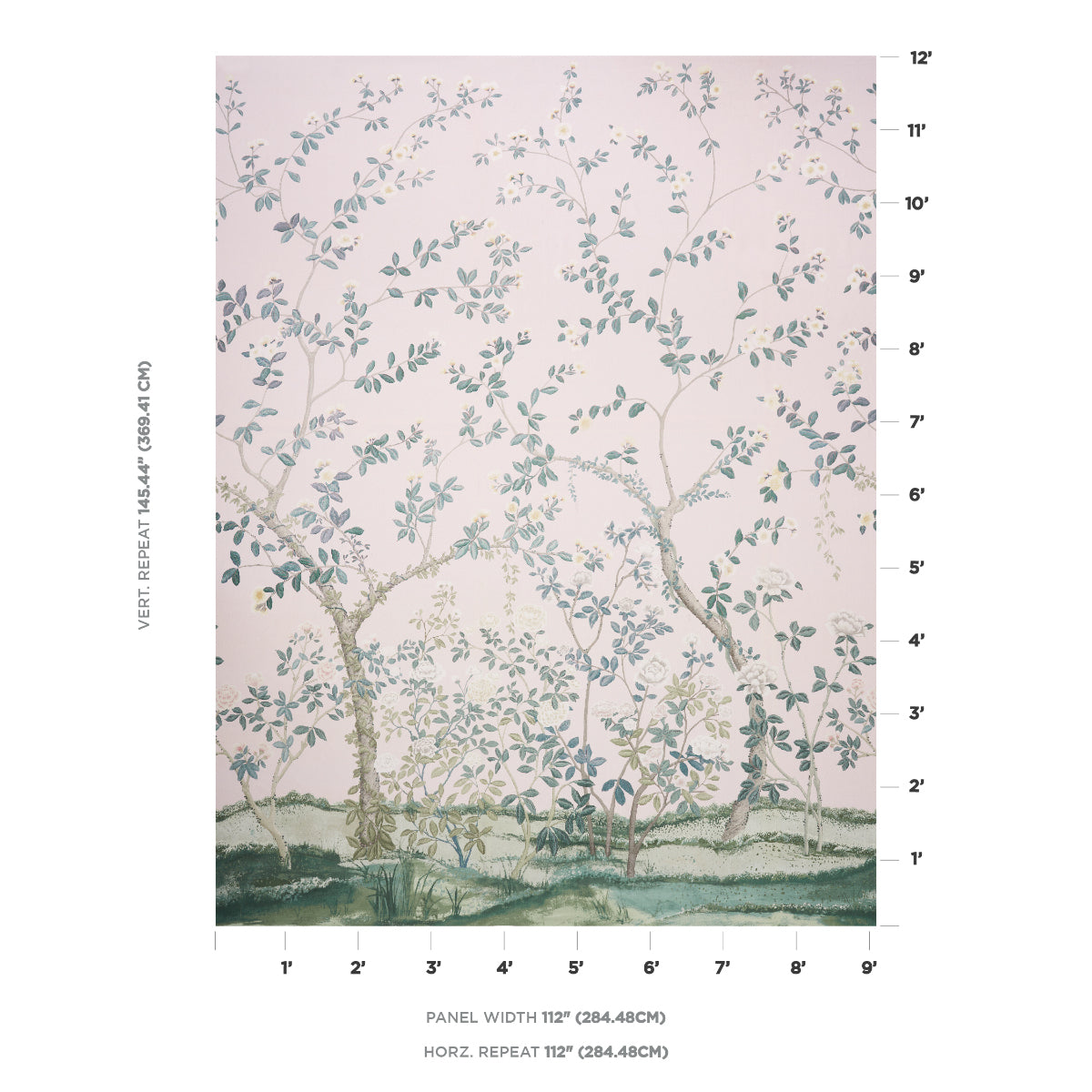 Watercolor botanical wallpaper of slender tree branches with pale blue-green leaves on a soft pink background.