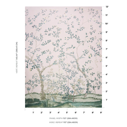 Watercolor botanical wallpaper of slender tree branches with pale blue-green leaves on a soft pink background.