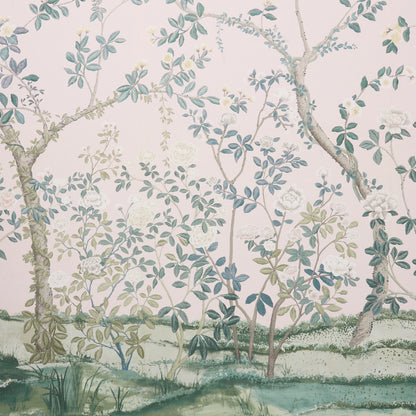 Watercolor-style botanical wallpaper with slender trees, leafy blue-green branches on a pale pink background.