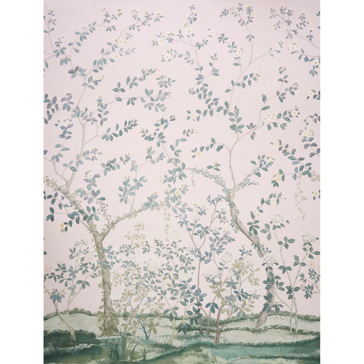 Pastel pink wallpaper with watercolor trees and blue-green leaves in a delicate botanical pattern.