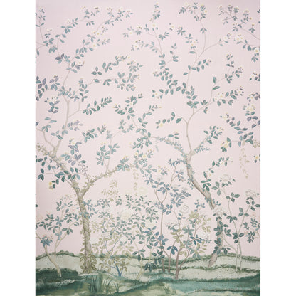 Pastel pink wallpaper with watercolor trees and blue-green leaves in a delicate botanical pattern.
