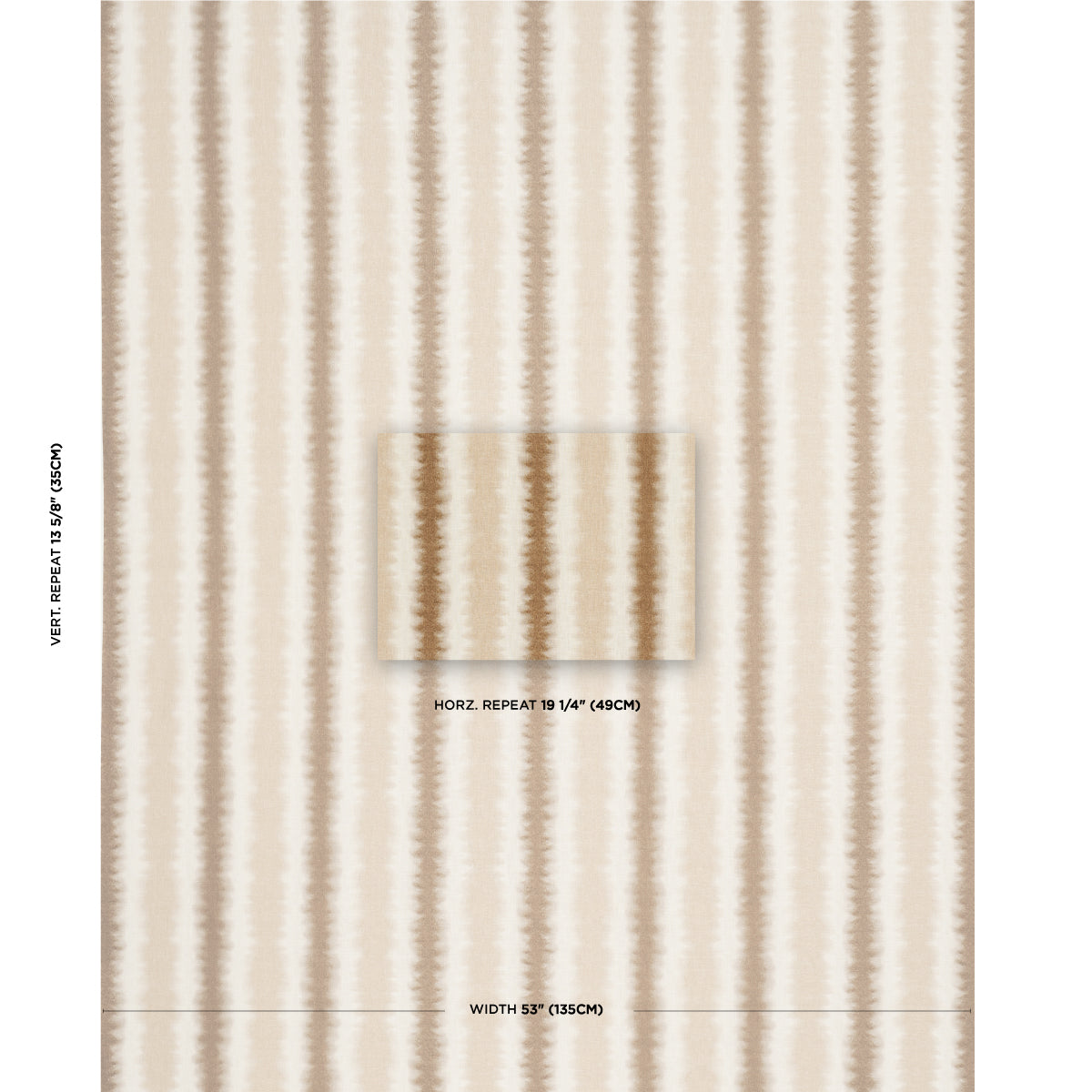 Beige and cream striped wallpaper with soft vertical stripes and a centered sample swatch.