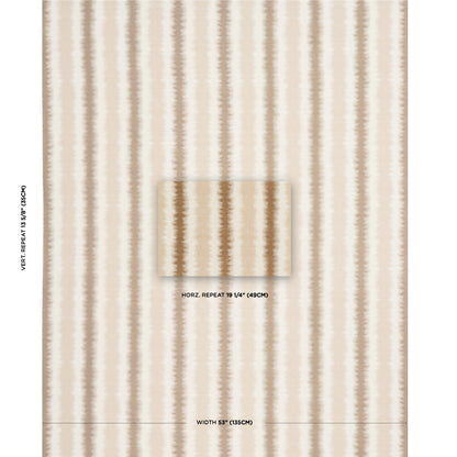 Beige and cream striped wallpaper with soft vertical stripes and a centered sample swatch.