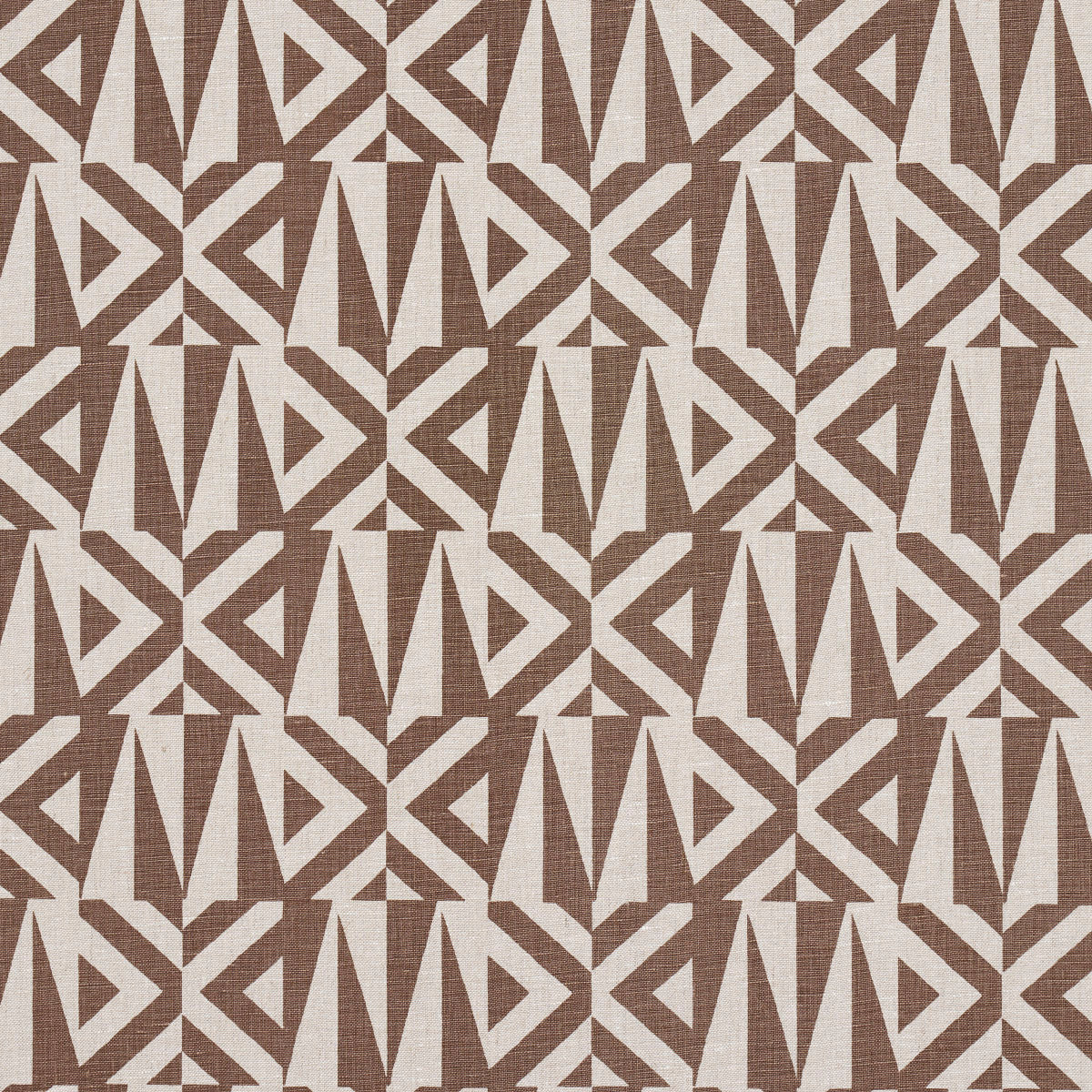 Brown and tan geometric fabric pattern with angular triangles and chevrons; woven textile look.