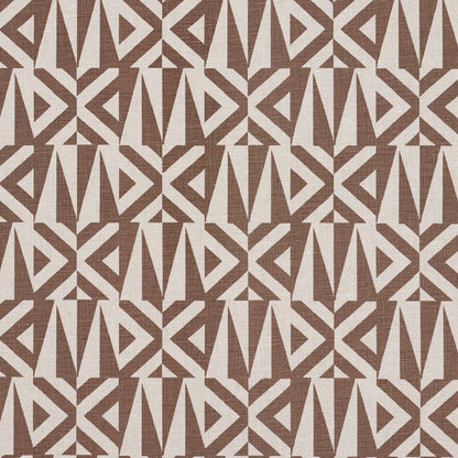 Brown and tan geometric fabric pattern with angular triangles and chevrons; woven textile look.