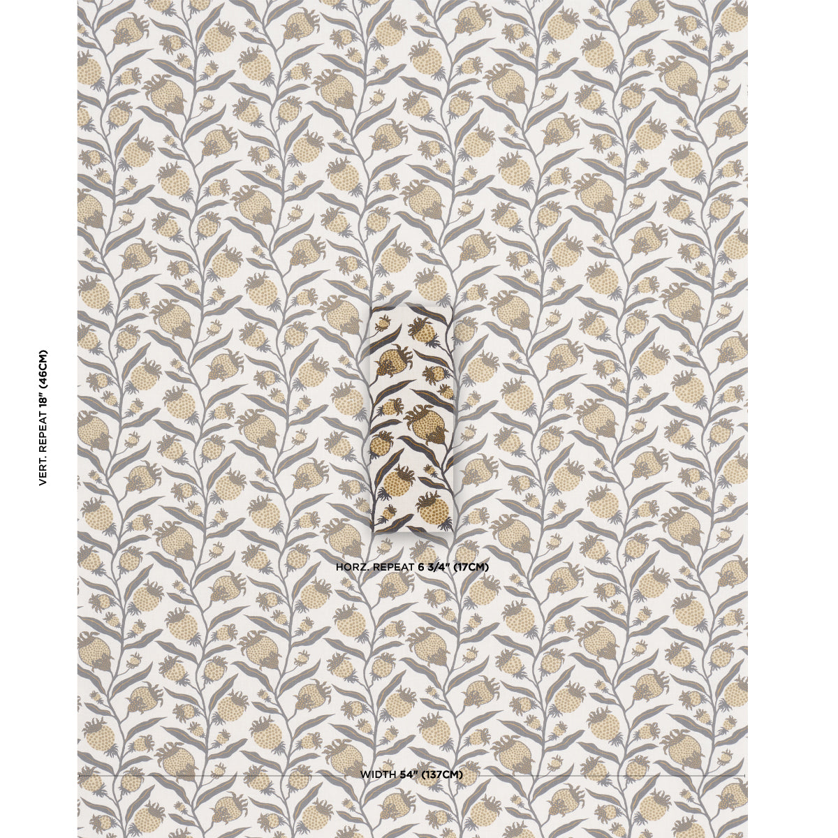 Botanical wallpaper pattern with vertical gray stems and beige leaves on a light beige background, seamless repeat.