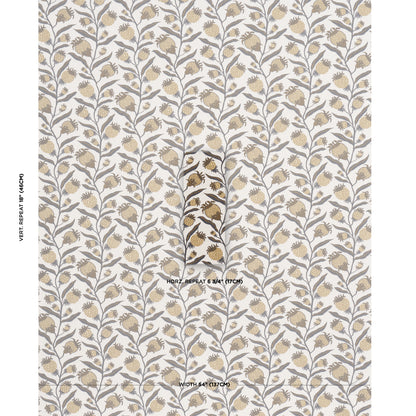 Botanical wallpaper pattern with vertical gray stems and beige leaves on a light beige background, seamless repeat.