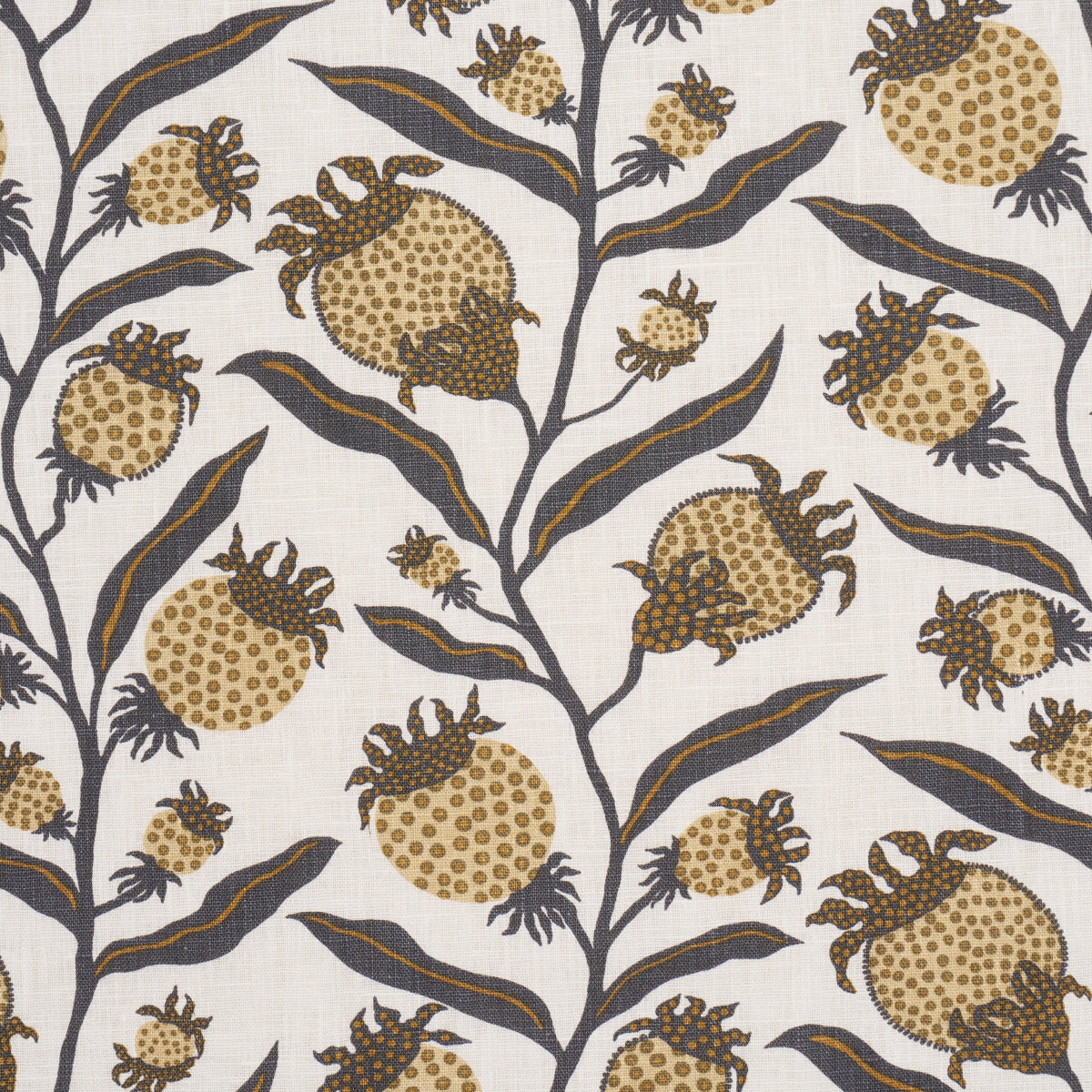 Cream fabric with a thistle vine motif in black and gold on a linen-like textile print.