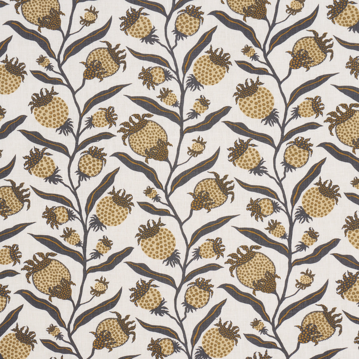 Cream fabric with brown branching stems and yellow-beige pomegranate-like fruits in a repeating botanical pattern.