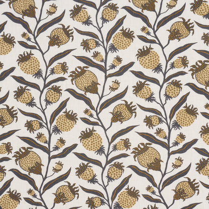Cream fabric with brown branching stems and yellow-beige pomegranate-like fruits in a repeating botanical pattern.
