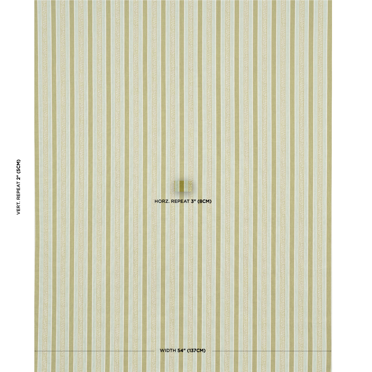 Vertical striped wallpaper in gold, beige & pale gray tones with a subtle metallic sheen; width 54" (137 cm).