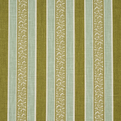 Vertical striped fabric in olive green, pale blue-green, and narrow ornate cream stripe; upholstery or drapery use.