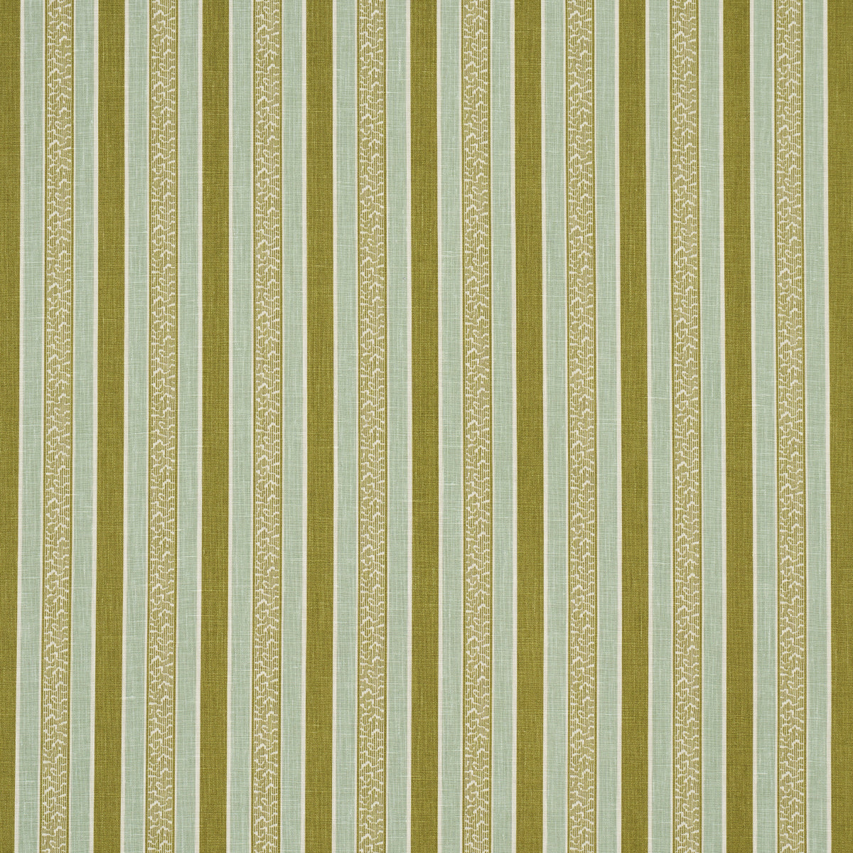 Olive green and cream striped wallpaper with narrow beige damask-pattern stripes for a classic home decor look.