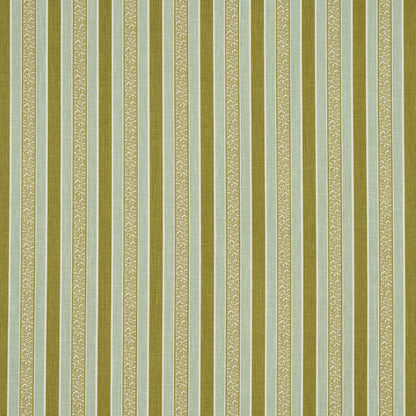 Olive green and cream striped wallpaper with narrow beige damask-pattern stripes for a classic home decor look.