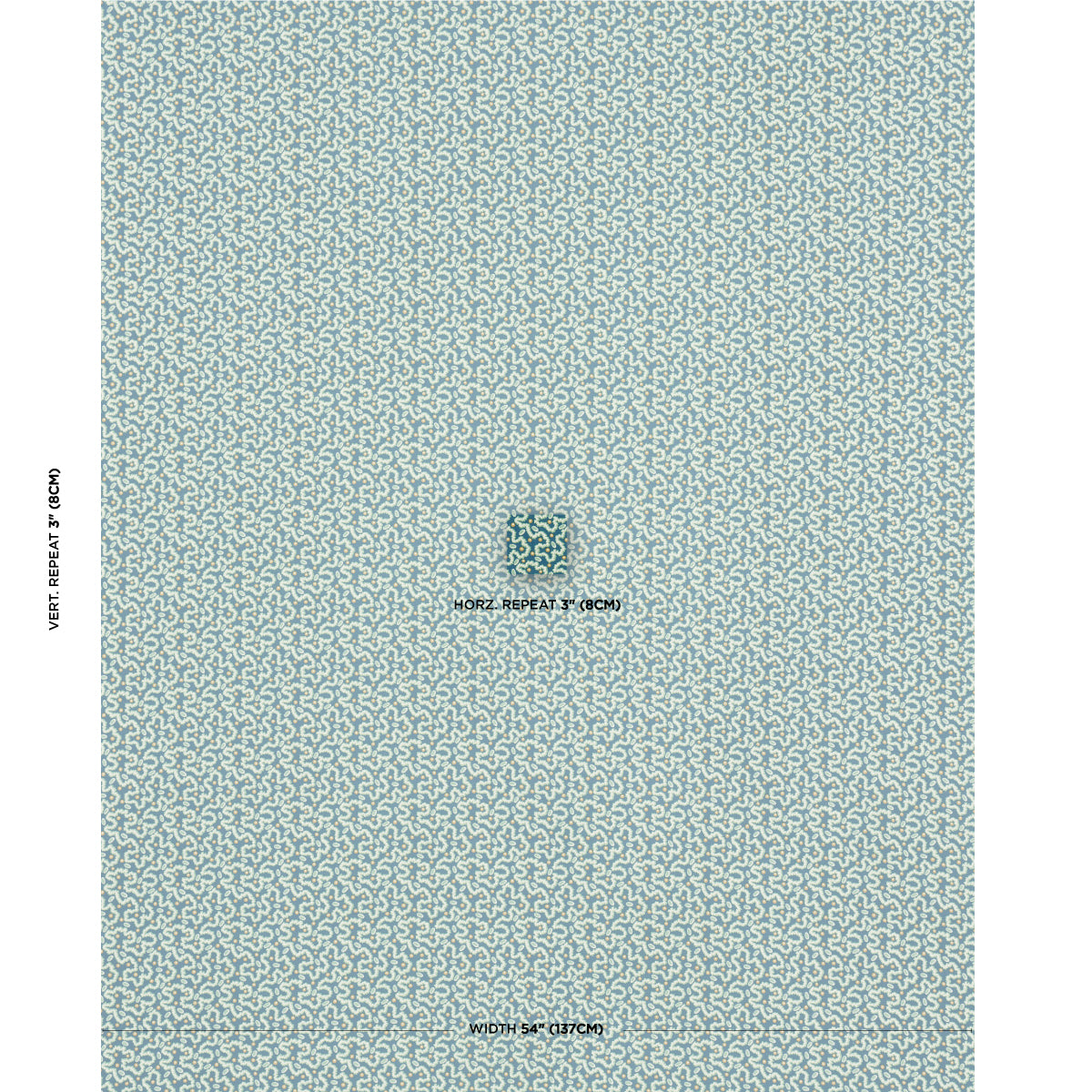 Pale blue-teal swatch with a tiny repeating motif and a small central crest logo; fabric or wallpaper style.