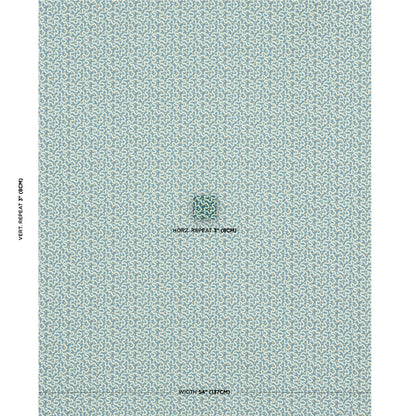 Pale blue-teal swatch with a tiny repeating motif and a small central crest logo; fabric or wallpaper style.