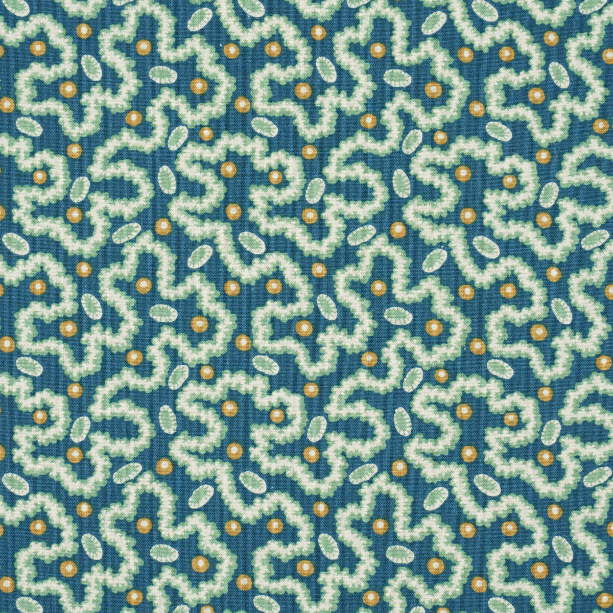 Teal fabric with a repeating cream & light blue wavy chain pattern & small gold dots.