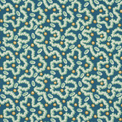 Teal fabric with a repeating cream & light blue wavy chain pattern & small gold dots.