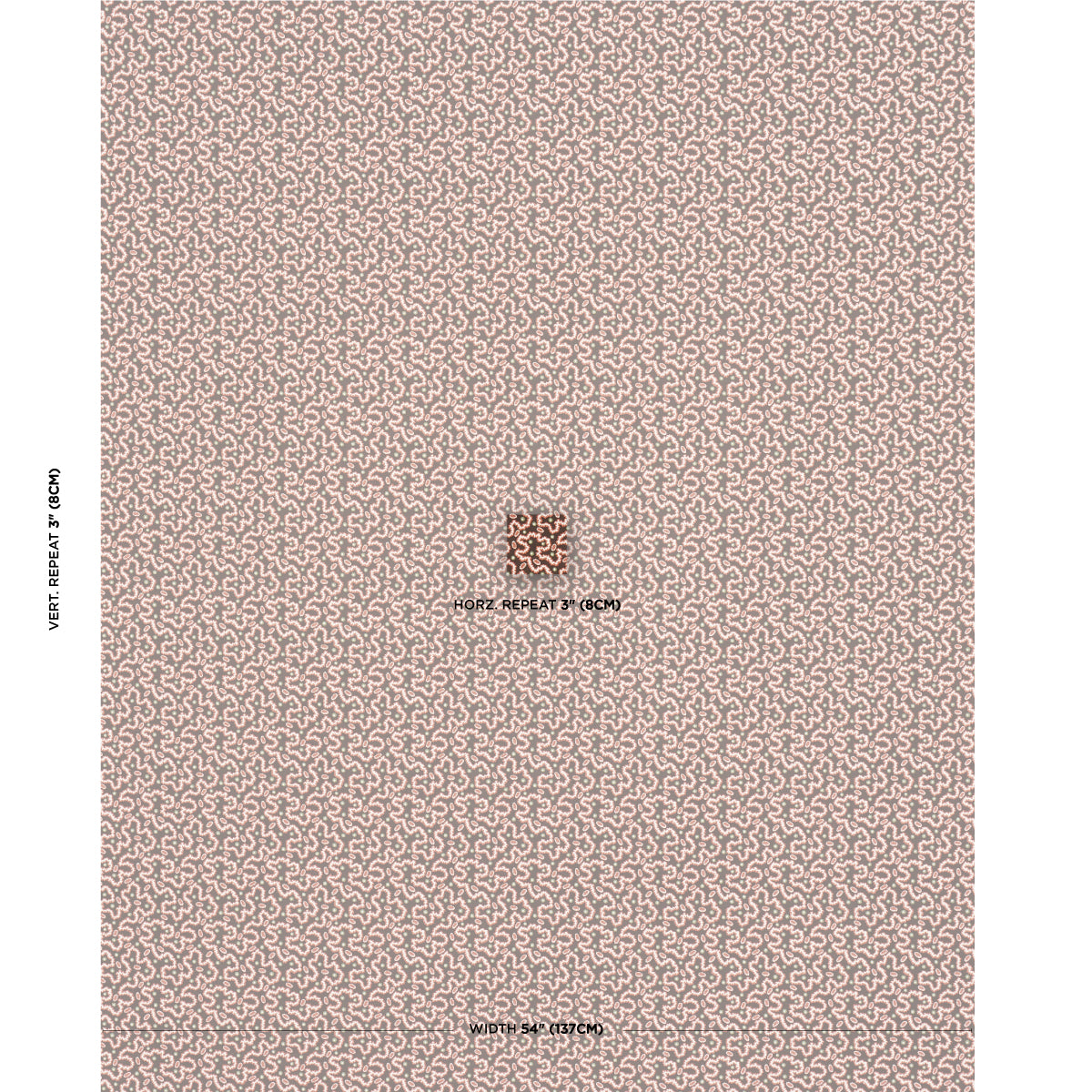 Beige-pink repeating lattice pattern fabric swatch with a small centered emblem.