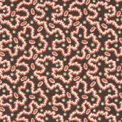 Dark brown fabric with pink scalloped paisley floral pattern, cream edges & pale green dots; decorative textile print.