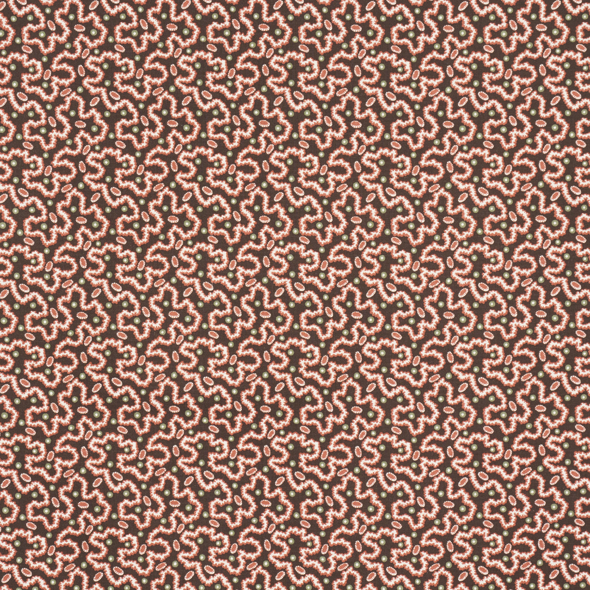 Brown fabric with an intricate cream scroll pattern, dense boho textile suitable for upholstery or apparel.