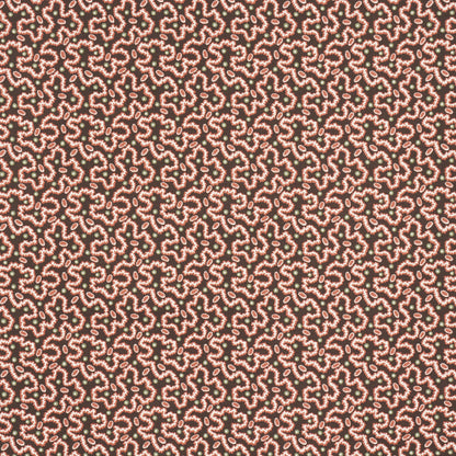 Brown fabric with an intricate cream scroll pattern, dense boho textile suitable for upholstery or apparel.