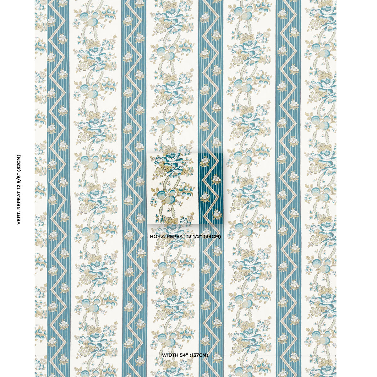 Blue and ivory floral damask wallpaper pattern with vertical stripes, zigzag borders, and repeating bouquet motifs.