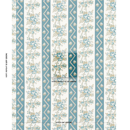 Blue and ivory floral damask wallpaper pattern with vertical stripes, zigzag borders, and repeating bouquet motifs.
