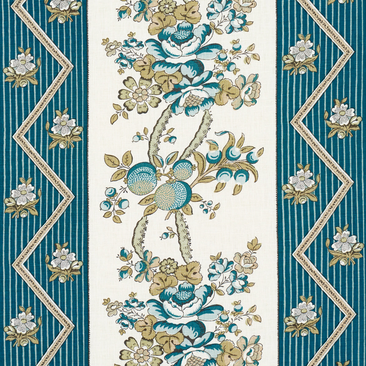 Floral tapestry with teal borders, cream center panel with blue & beige blossoms and zigzag trim.