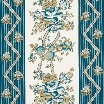 Floral tapestry with teal borders, cream center panel with blue & beige blossoms and zigzag trim.