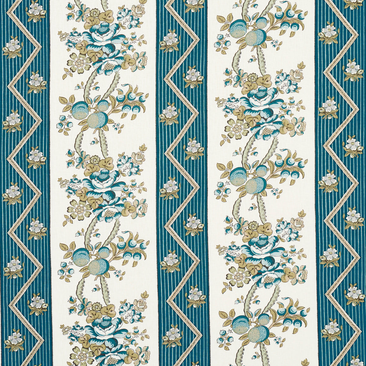 Vertical teal-striped floral textile with ivory panels, blue & gold blossoms on vines, with zigzag geometric accents.