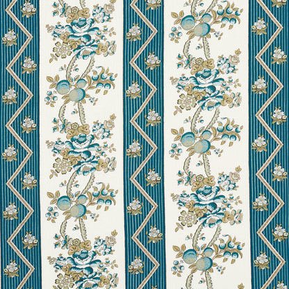 Vertical teal-striped floral textile with ivory panels, blue & gold blossoms on vines, with zigzag geometric accents.