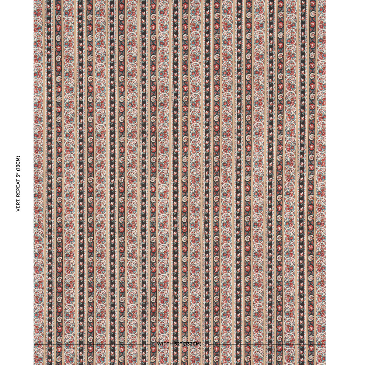 Vertical striped fabric with red and cream floral medallions; Persian-inspired pattern for upholstery or drapery.