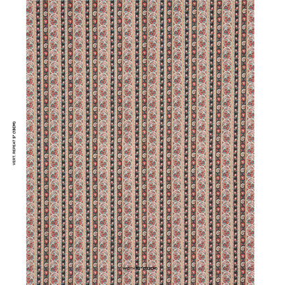 Vertical striped fabric with red and cream floral medallions; Persian-inspired pattern for upholstery or drapery.