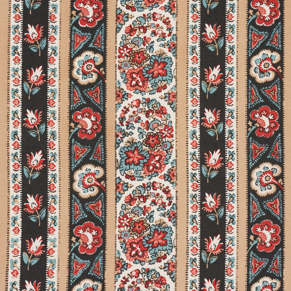 Vibrant striped floral textile with red/blue blossoms on beige and black bands.