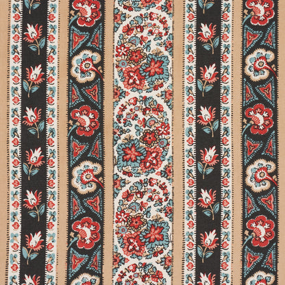 Vibrant striped floral textile with red/blue blossoms on beige and black bands.