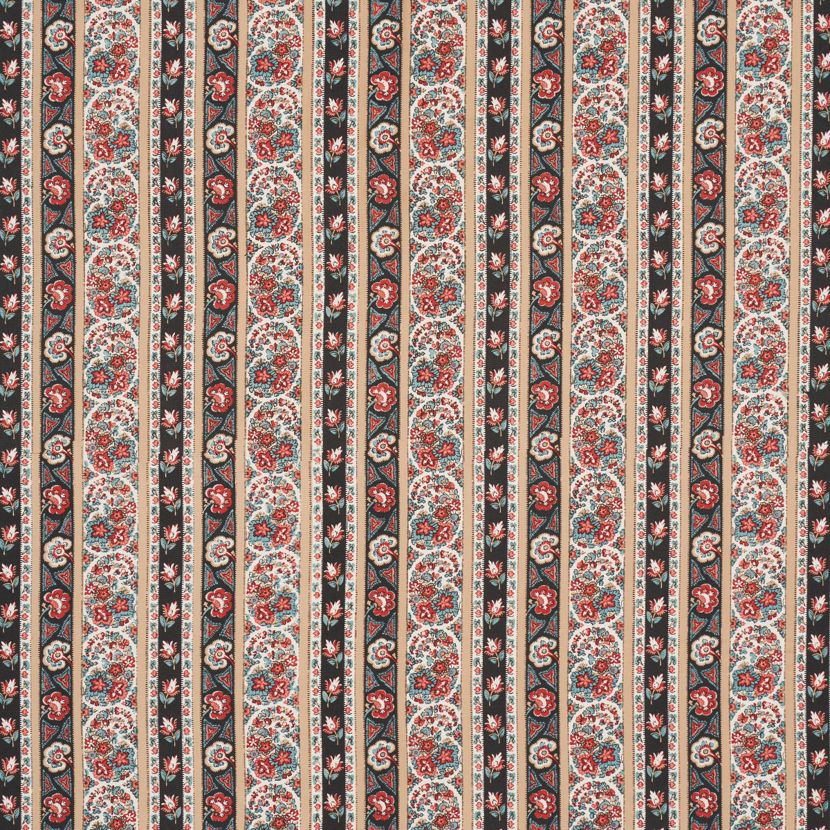 Vertical striped fabric with cream floral damask bands, dark stripes, red and teal accents for upholstery or wallpaper.