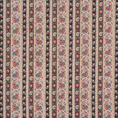 Vertical striped fabric with cream floral damask bands, dark stripes, red and teal accents for upholstery or wallpaper.